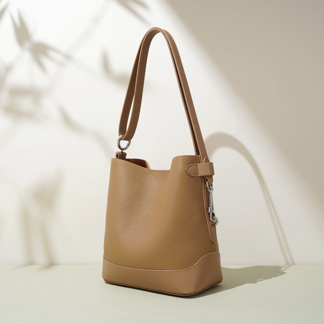 Women’s Genuine Leather Lychee Grain Bucket Shoulder Crossbody Bag