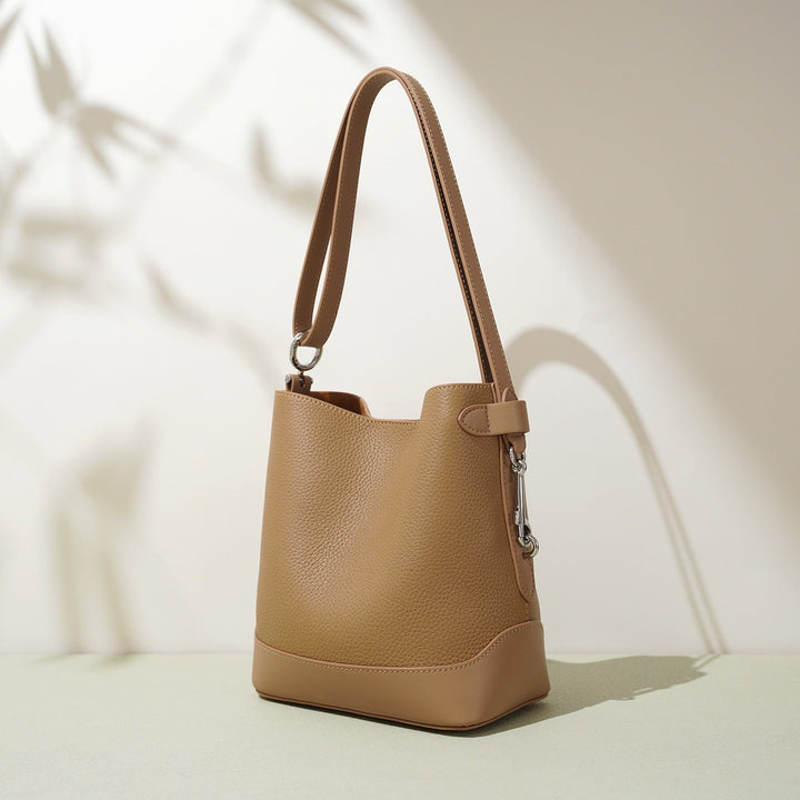 Women’s Genuine Leather Lychee Grain Bucket Shoulder Crossbody Bag