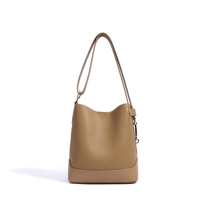 Women’s Genuine Leather Lychee Grain Bucket Shoulder Crossbody Bag