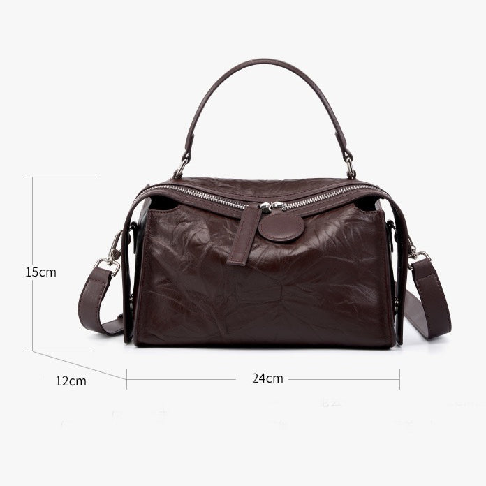 Women’s Genuine Leather Crinkled Boston Bag – Soft Shine Handheld & Crossbody