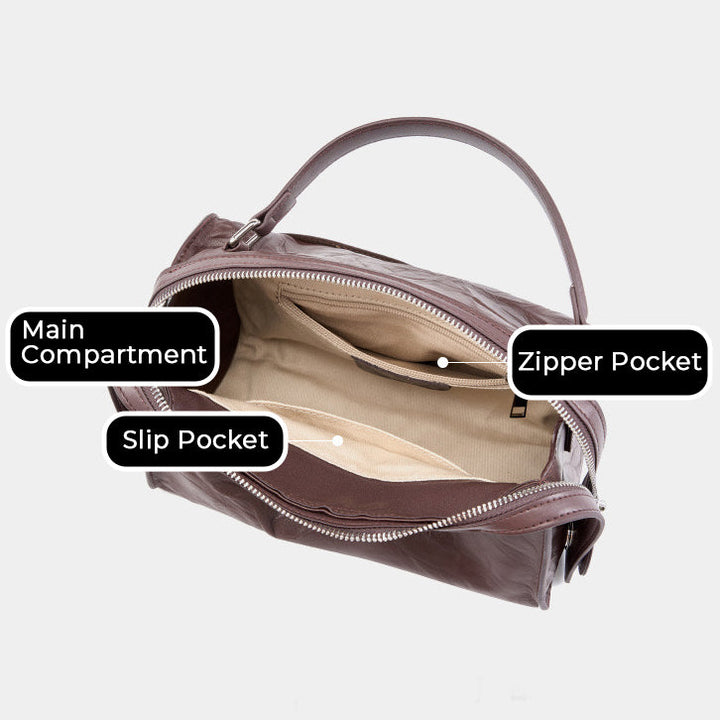 Women’s Genuine Leather Crinkled Boston Bag – Soft Shine Handheld & Crossbody