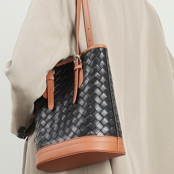 Woven Genuine Leather Color Block Bucket Tote Bag