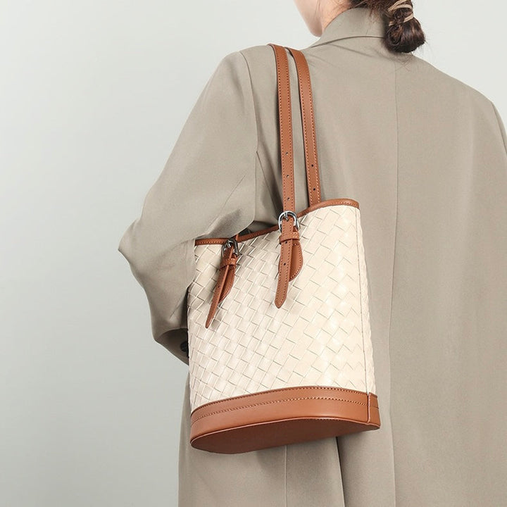 Woven Genuine Leather Color Block Bucket Tote Bag