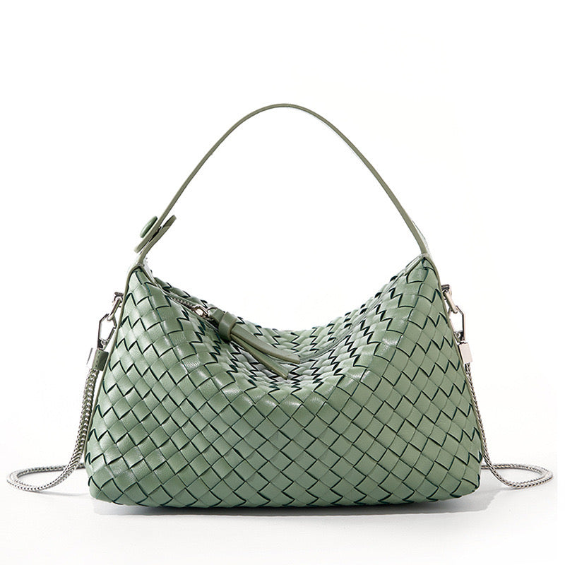 Women’s Genuine Sheepskin Leather Woven Dumpling Clutch Bag with Chain Strap