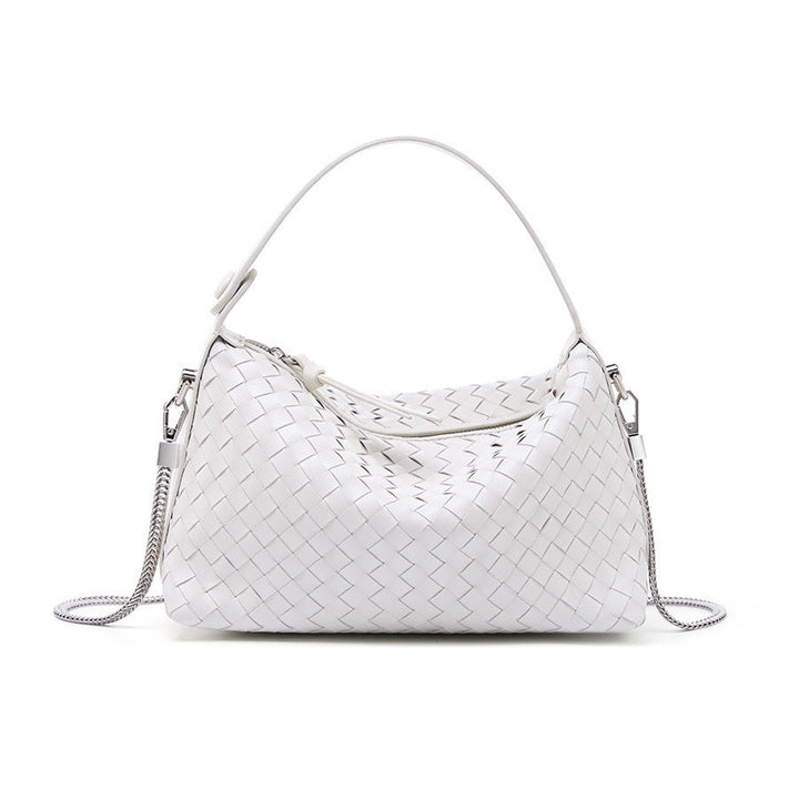 Women’s Genuine Sheepskin Leather Woven Dumpling Clutch Bag with Chain Strap