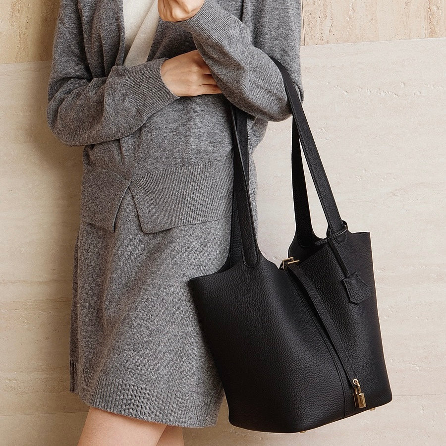 Textured Genuine Leather Tote Bag with Gold Buckle