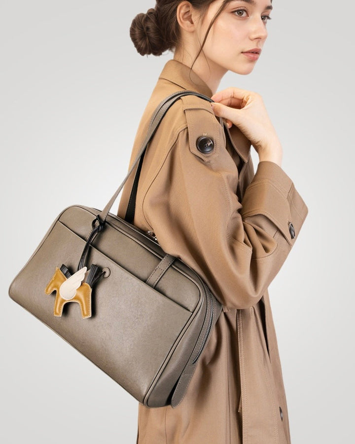 Elegant Minimalist Genuine Leather Bag - Vintage Boston Shoulder Tote with Charm