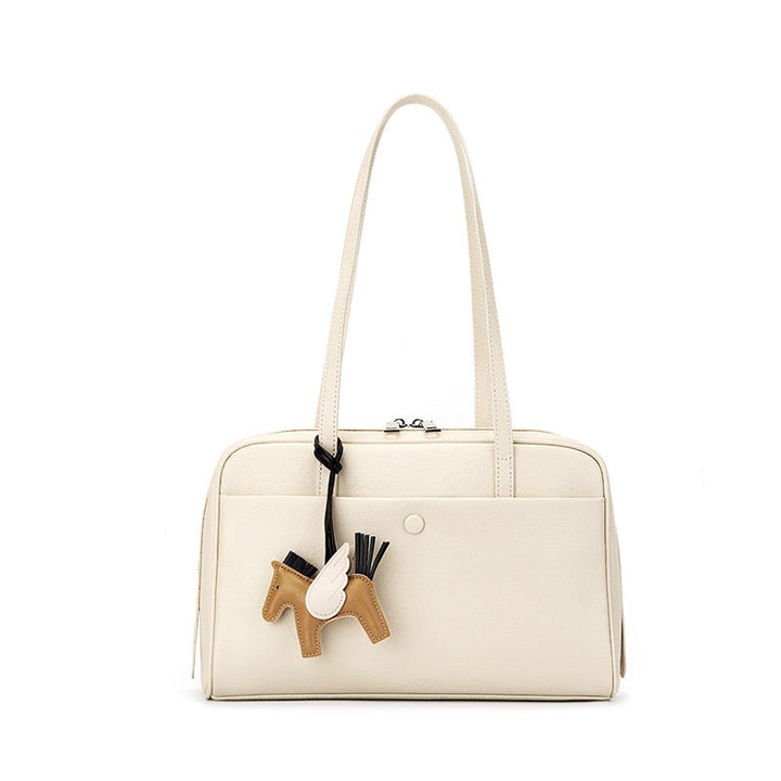 Elegant Minimalist Genuine Leather Bag - Vintage Boston Shoulder Tote with Charm