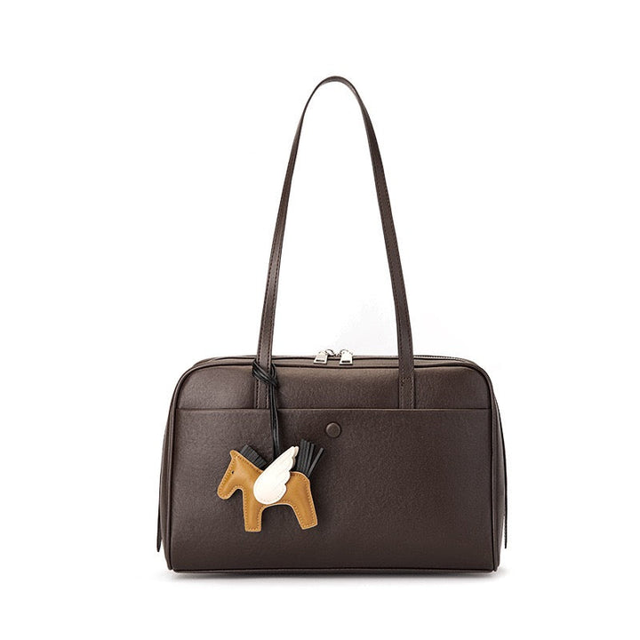 Elegant Minimalist Genuine Leather Bag - Vintage Boston Shoulder Tote with Charm