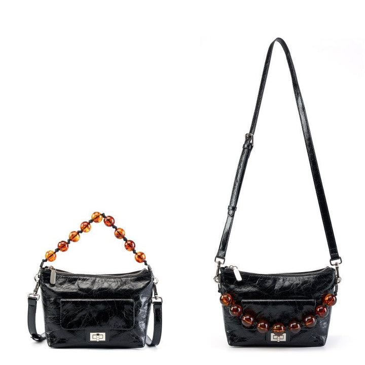 Women's Retro Waxed Genuine Leather Pleated Beaded Chain Crossbody Bag