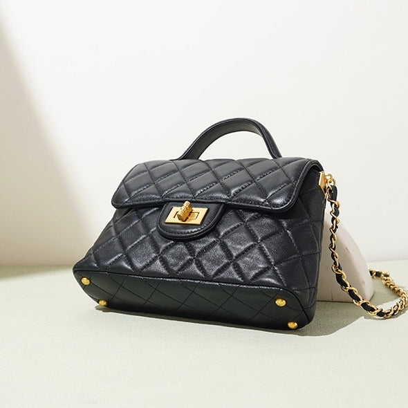 Women's Quilted Check Single Shoulder Crossbody Chain Lock Small Square Bag