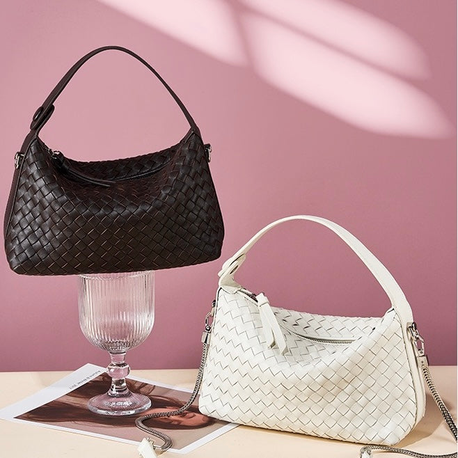 Women’s Genuine Sheepskin Leather Woven Dumpling Clutch Bag with Chain Strap