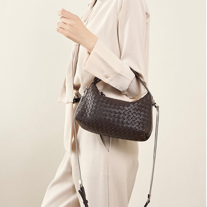 Women’s Genuine Sheepskin Leather Woven Dumpling Clutch Bag with Chain Strap