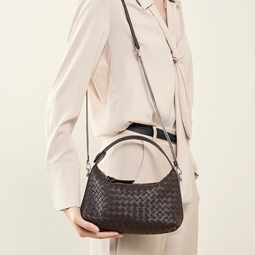 Women’s Genuine Sheepskin Leather Woven Dumpling Clutch Bag with Chain Strap