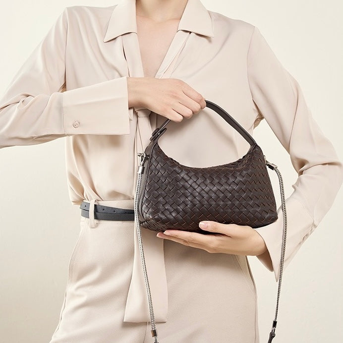Women’s Genuine Sheepskin Leather Woven Dumpling Clutch Bag with Chain Strap