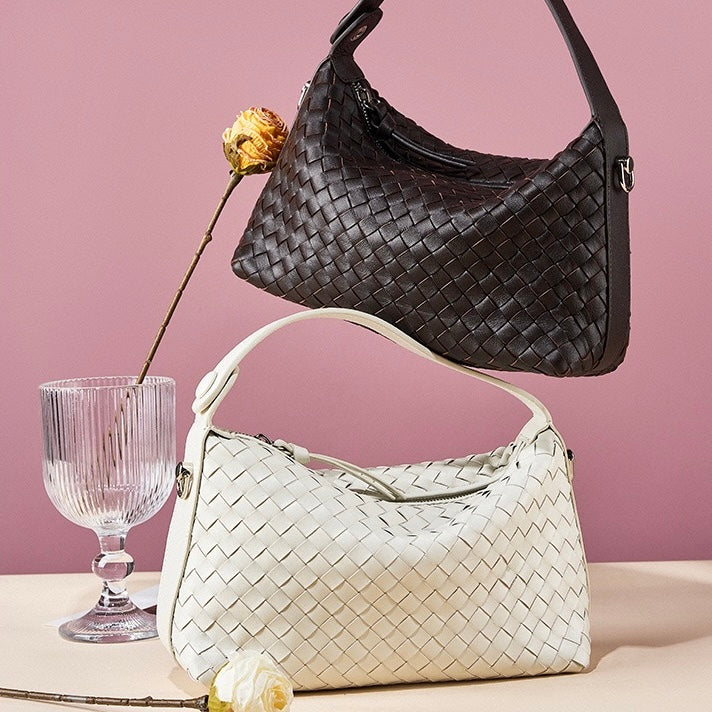Women’s Genuine Sheepskin Leather Woven Dumpling Clutch Bag with Chain Strap