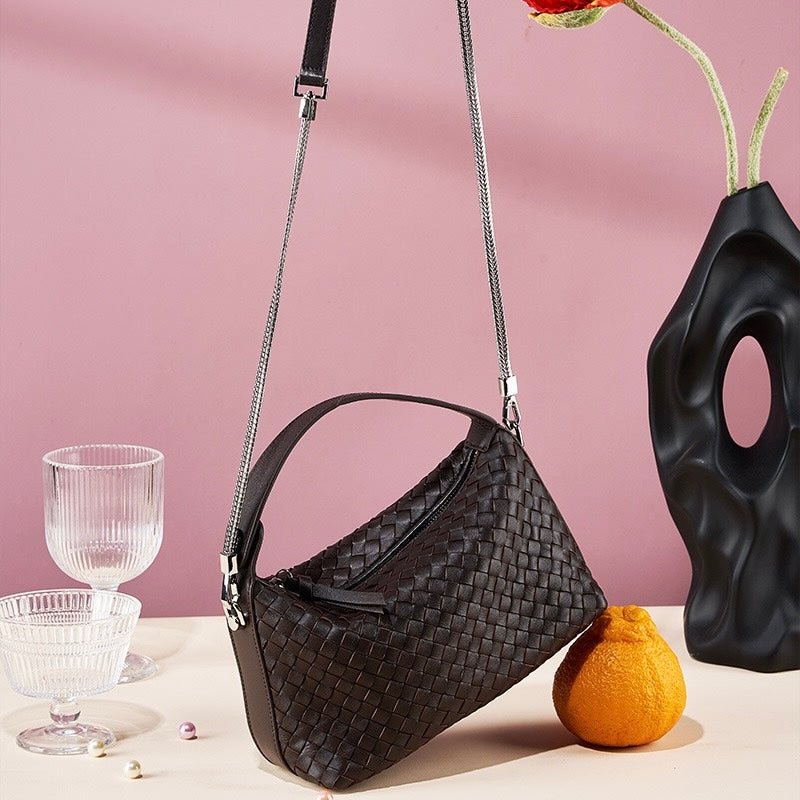 Women’s Genuine Sheepskin Leather Woven Dumpling Clutch Bag with Chain Strap
