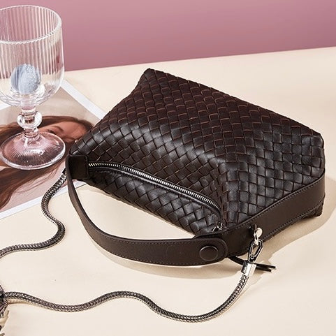 Women’s Genuine Sheepskin Leather Woven Dumpling Clutch Bag with Chain Strap