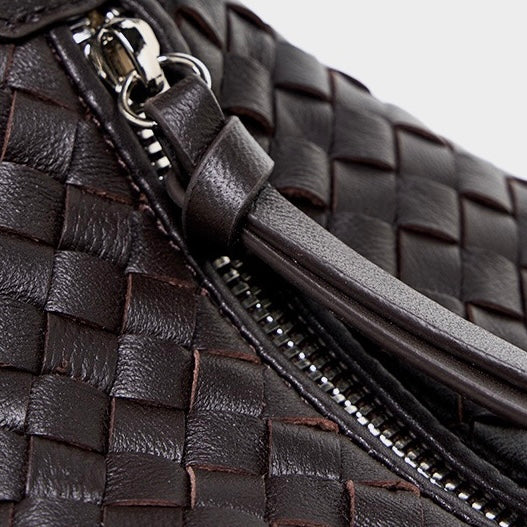 Women’s Genuine Sheepskin Leather Woven Dumpling Clutch Bag with Chain Strap
