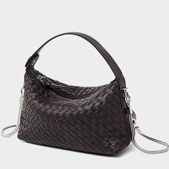 Women’s Genuine Sheepskin Leather Woven Dumpling Clutch Bag with Chain Strap