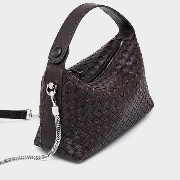 Women’s Genuine Sheepskin Leather Woven Dumpling Clutch Bag with Chain Strap