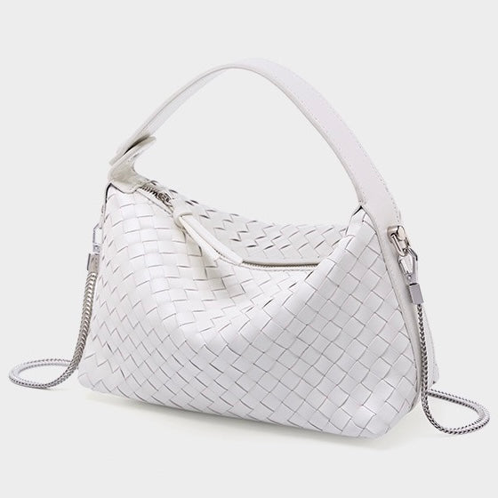 Women’s Genuine Sheepskin Leather Woven Dumpling Clutch Bag with Chain Strap