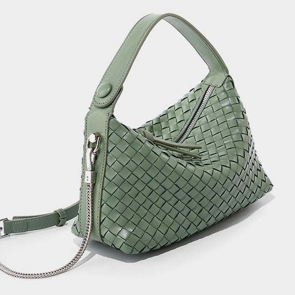Women’s Genuine Sheepskin Leather Woven Dumpling Clutch Bag with Chain Strap