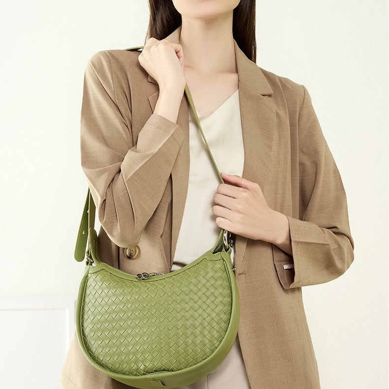 Exquisite Handwoven Women's Cowhide Crescent Moon Crossbody Bag