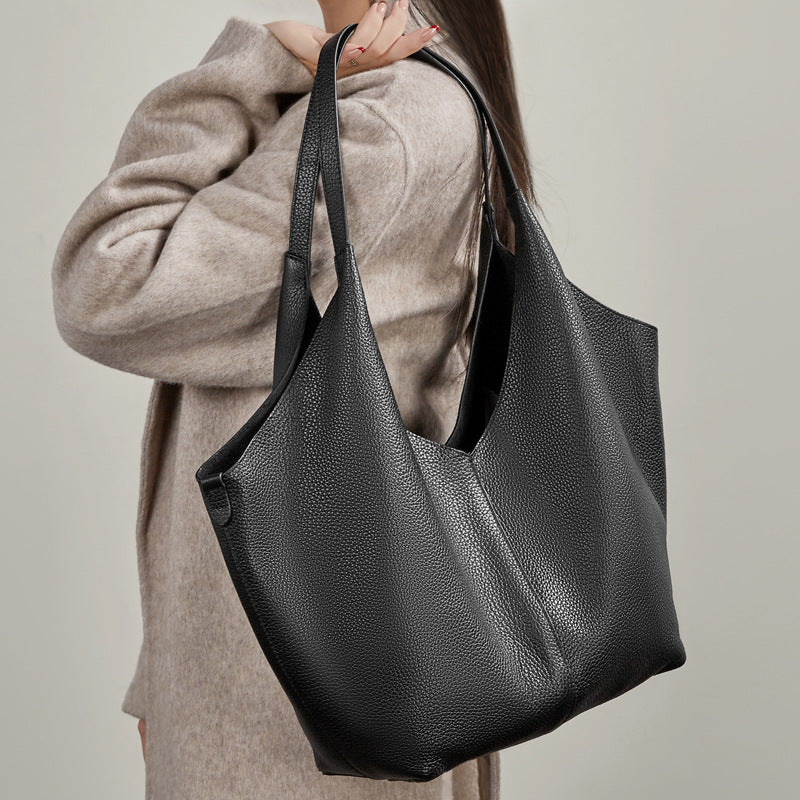 The Ethereal V-Cut Genuine Leather Bag | Minimalist Pebbled Hobo Tote