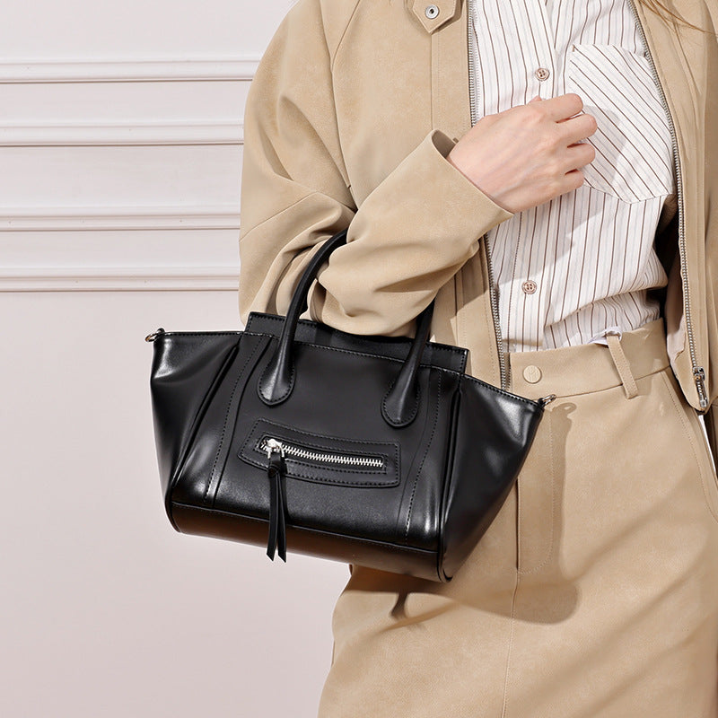 Maillard Style Genuine Leather Smile Flap Satchel Crossbody Bag