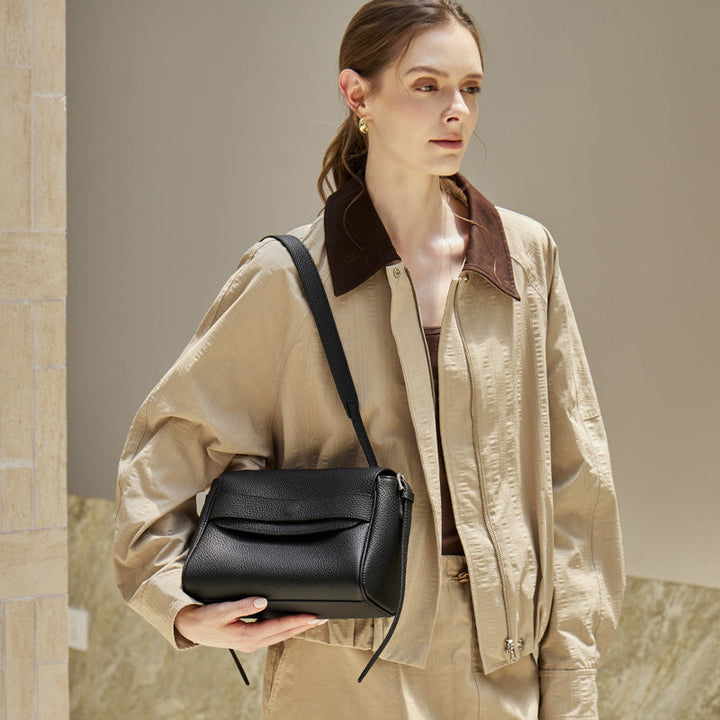 The Lychee Grain Genuine Leather Flap Crossbody Bag with Adjustable Strap