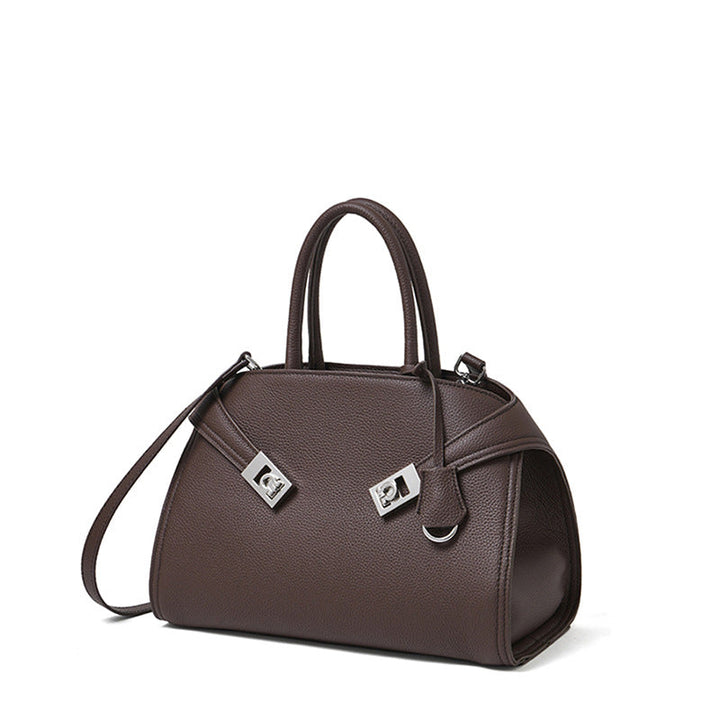 Luxury Retro Genuine Leather Lychee Pattern Double Buckle Tote Crossbody Bag