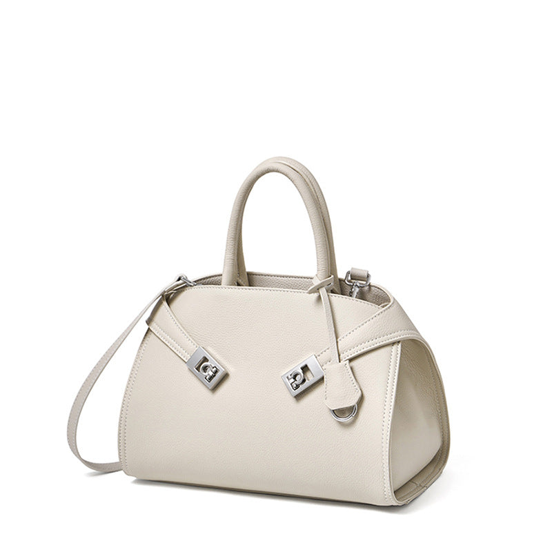 Luxury Retro Genuine Leather Lychee Pattern Double Buckle Tote Crossbody Bag