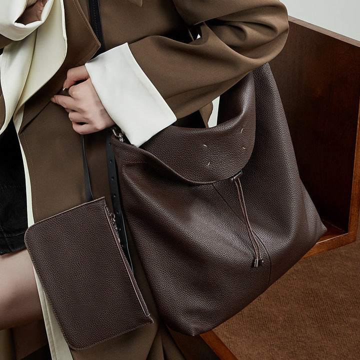 The Nocturne Flow Genuine Leather Tote Bag with Adjustable Strap & Detachable Pouch