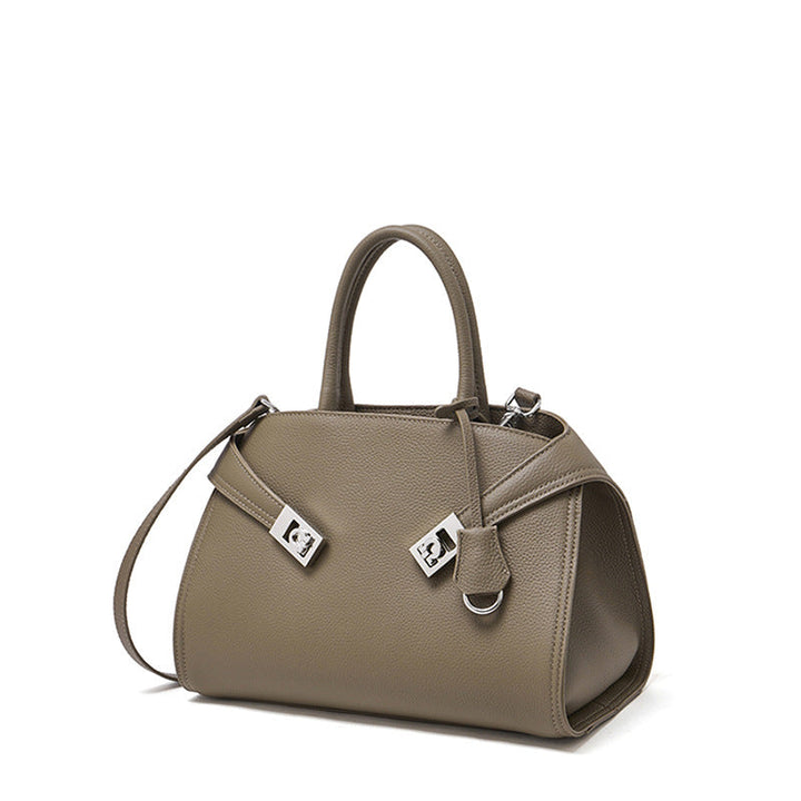 Luxury Retro Genuine Leather Lychee Pattern Double Buckle Tote Crossbody Bag