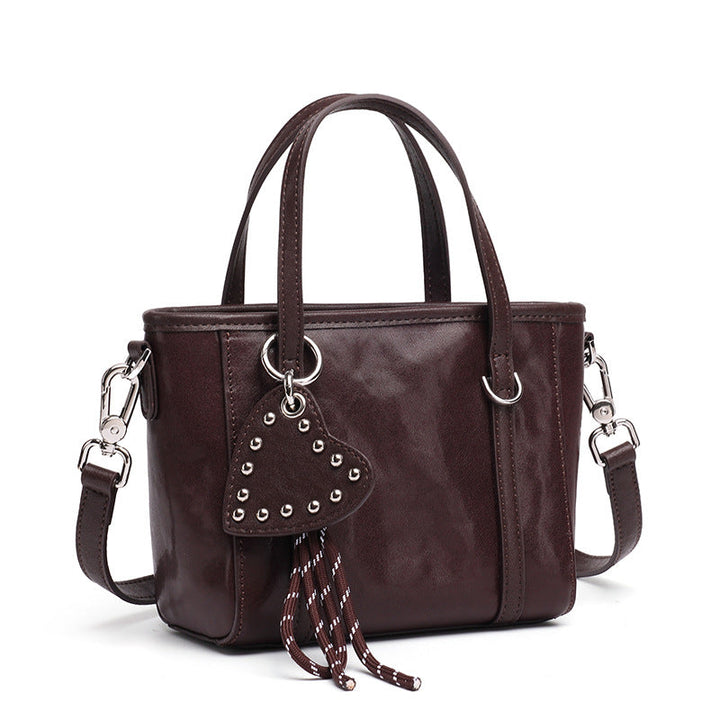 Sculpted Genuine Leather Mini Tote Crossbody Bag with Signature Heart Charm