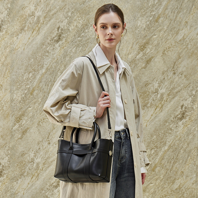 Italian Luxury Plain Genuine Leather Cowhide Large Tote Crossbody Bag