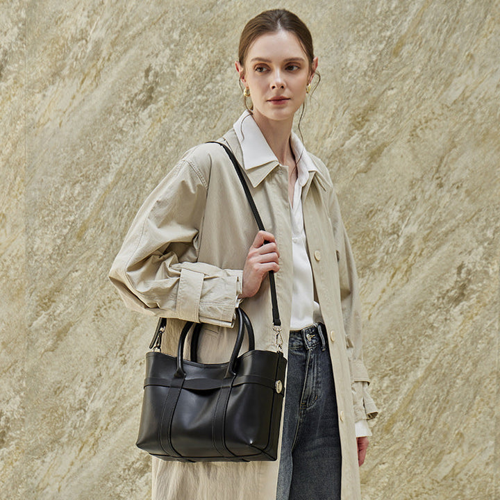 Italian Luxury Plain Genuine Leather Cowhide Large Tote Crossbody Bag