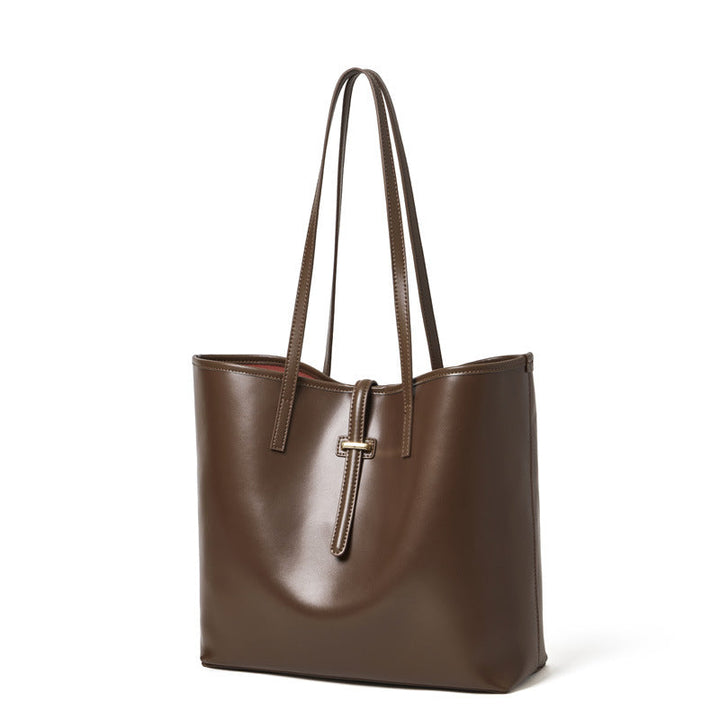 Spacious Plain Genuine Leather Tote Set Minimalist Shoulder Bag