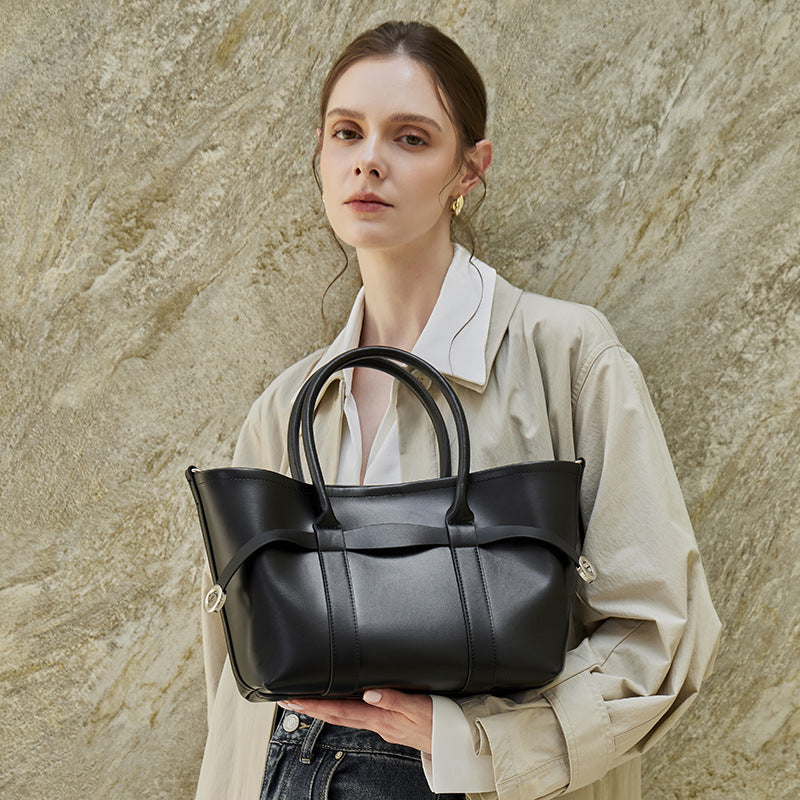 Italian Luxury Plain Genuine Leather Cowhide Large Tote Crossbody Bag