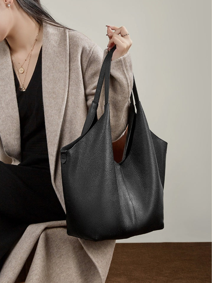 The Ethereal V-Cut Genuine Leather Bag | Minimalist Pebbled Hobo Tote