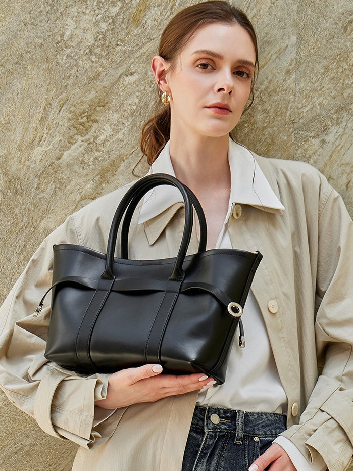 Italian Luxury Plain Genuine Leather Cowhide Large Tote Crossbody Bag