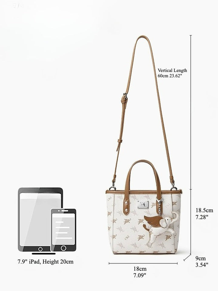 Retro Monogram Flying Elephant Versatile Tote Crossbody Handbag with Charm