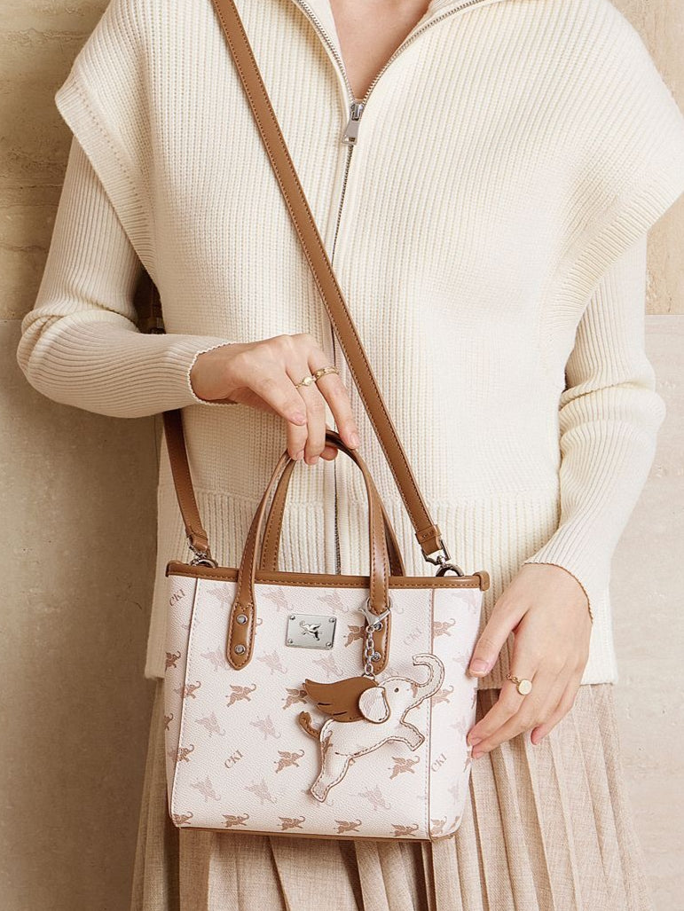 Retro Monogram Flying Elephant Versatile Tote Crossbody Handbag with Charm