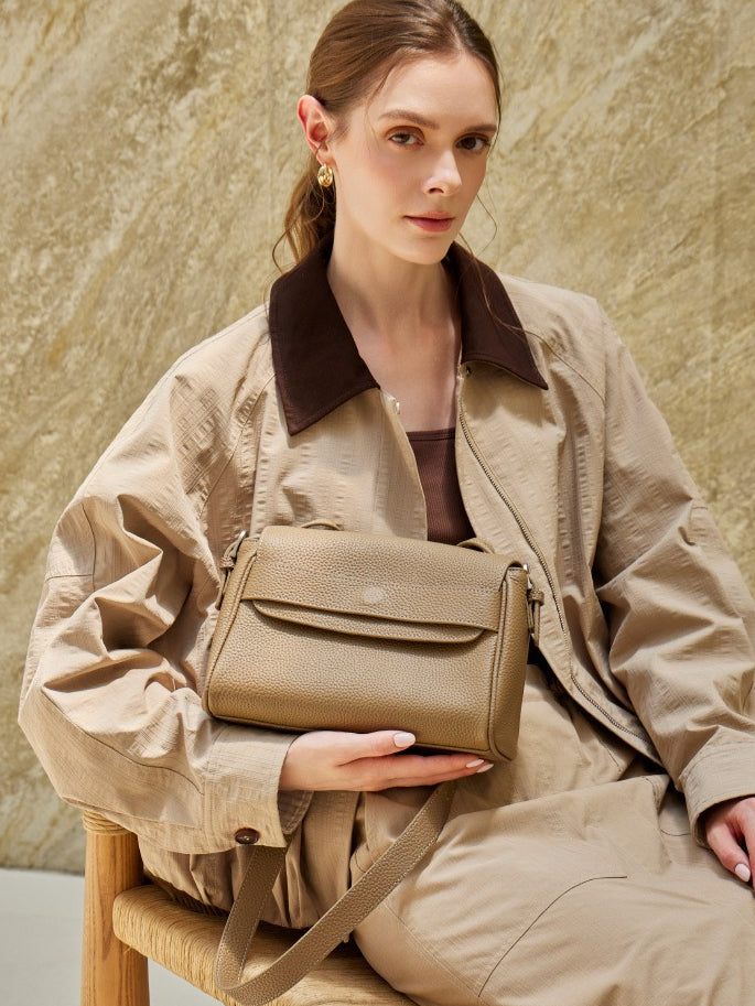 The Lychee Grain Genuine Leather Flap Crossbody Bag with Adjustable Strap