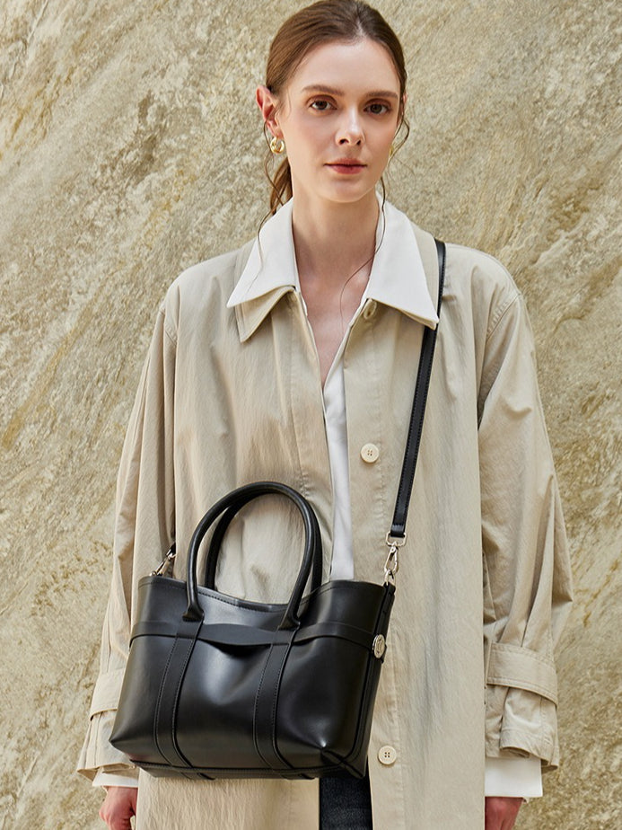 Italian Luxury Plain Genuine Leather Cowhide Large Tote Crossbody Bag